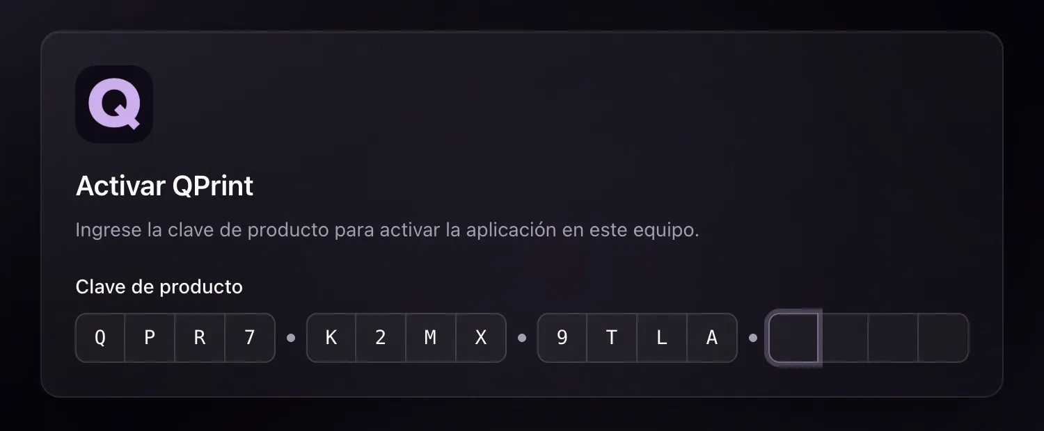 Pantalla Activar QPrint con la clave de producto a medio escribir