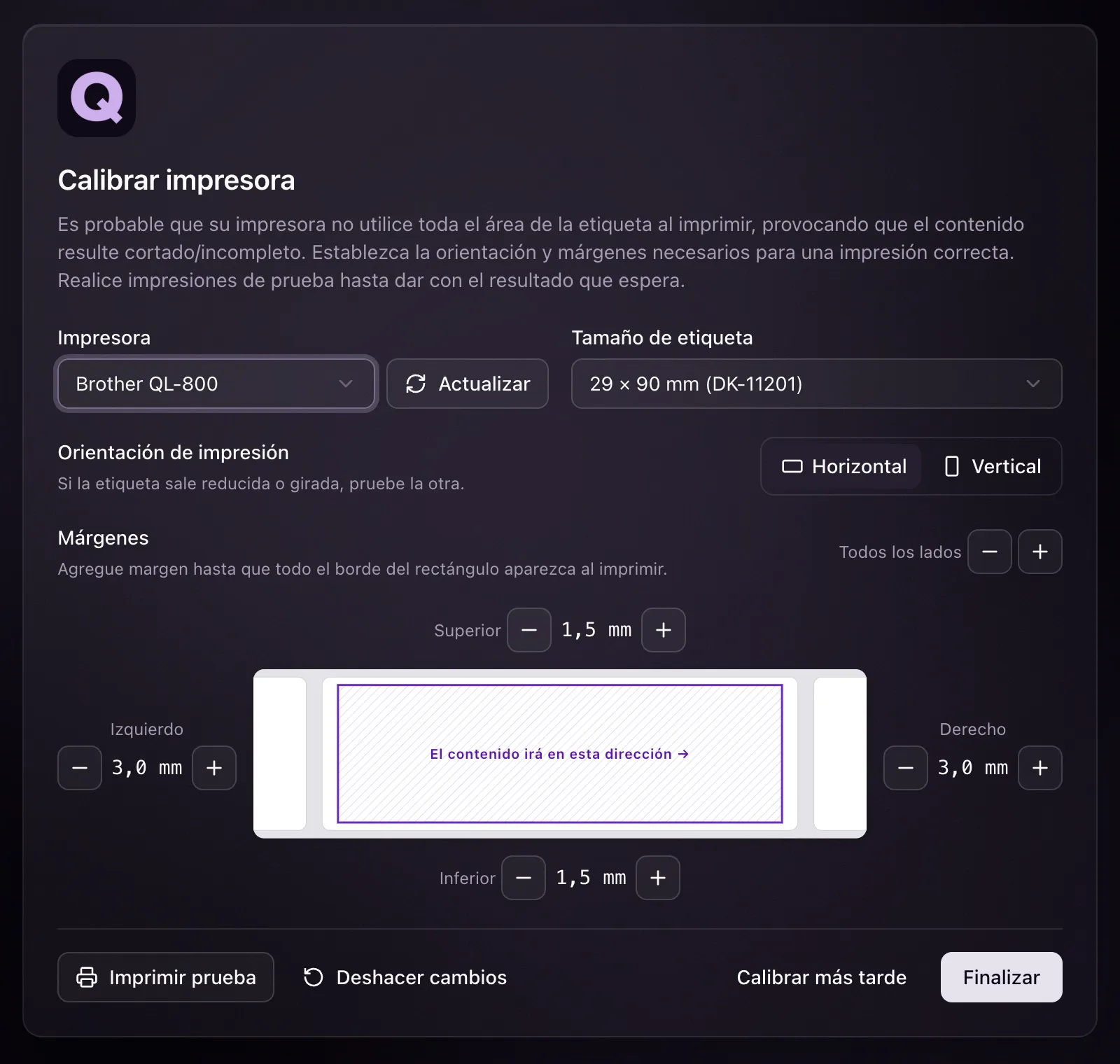 Pantalla Calibrar impresora con la Brother QL-800, etiqueta 29 × 90 mm y márgenes de 3 mm a los lados y 1,5 mm arriba y abajo