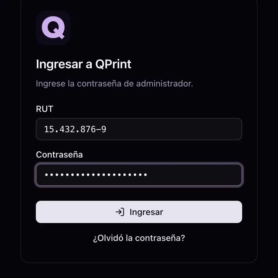 Pantalla Ingresar a QPrint con el RUT del administrador y el campo de contraseña