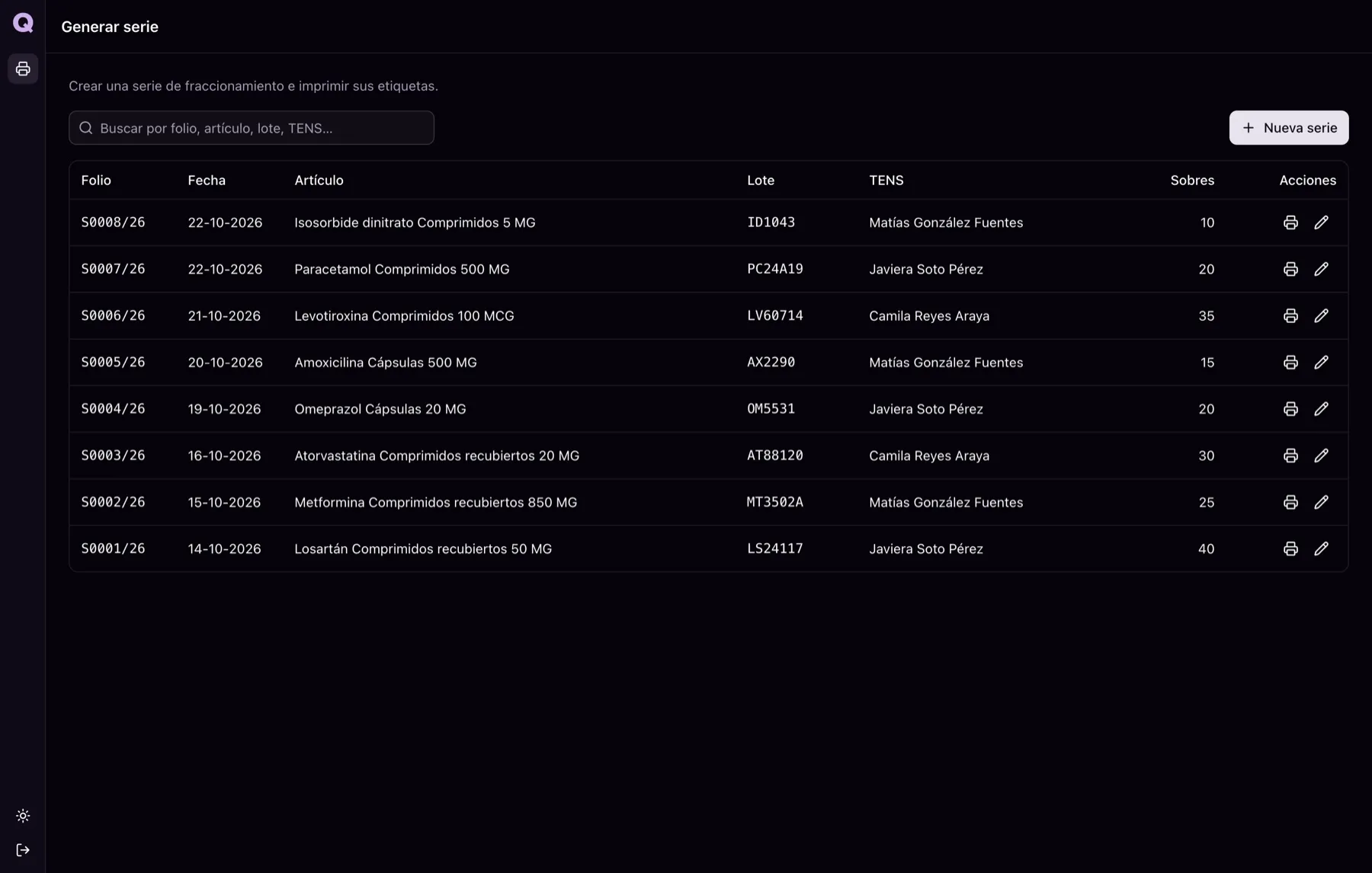 Pantalla principal de un TENS: menú compacto y la lista de series sin el botón eliminar